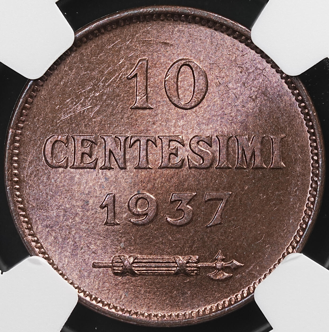 修遠堂世界钱币第七十九期 NGC MS64RB 1937年圣马力诺10分铜币