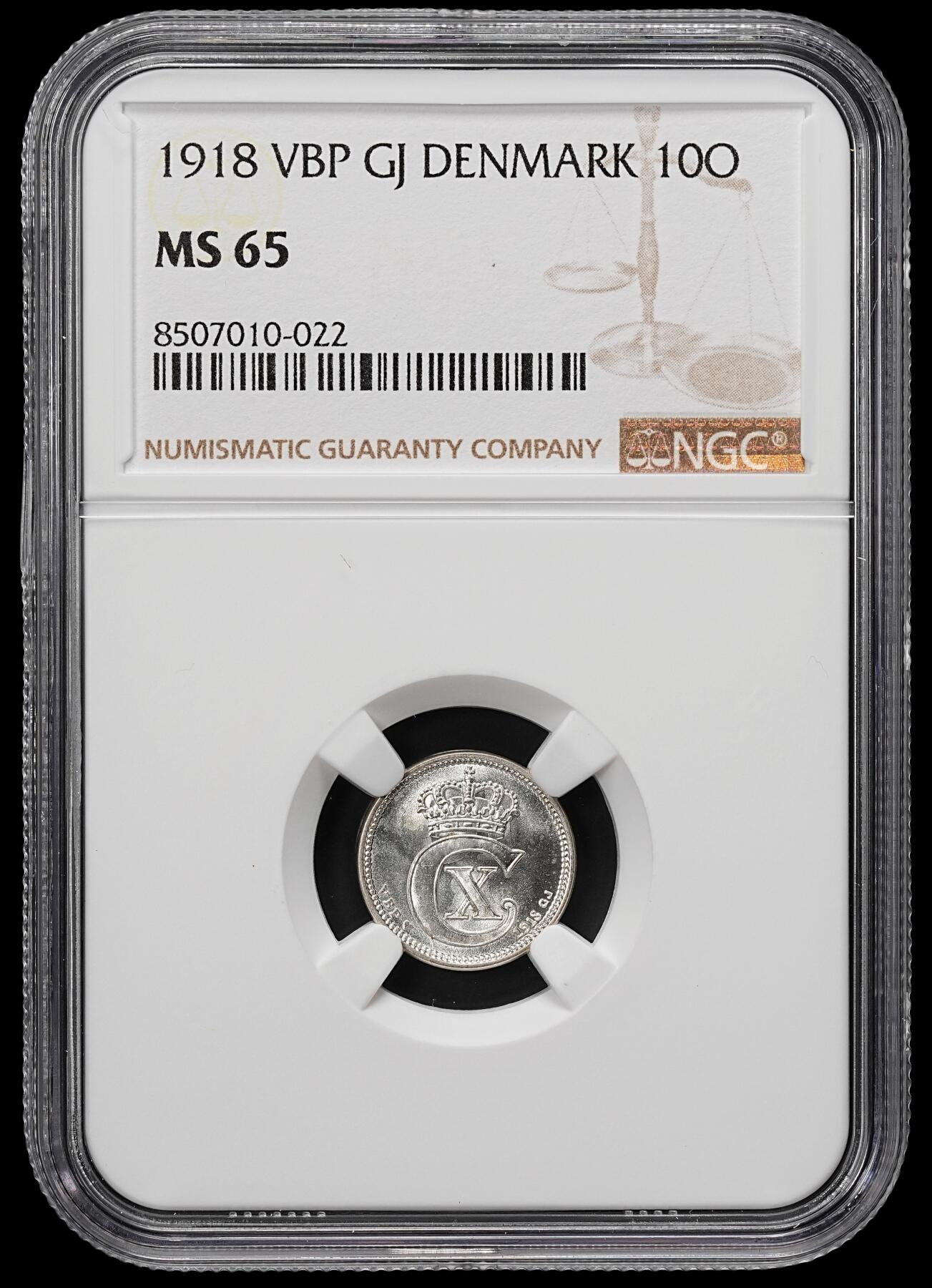修遠堂世界钱币第七十九期 NGC MS65 1918年丹麦10欧尔银币