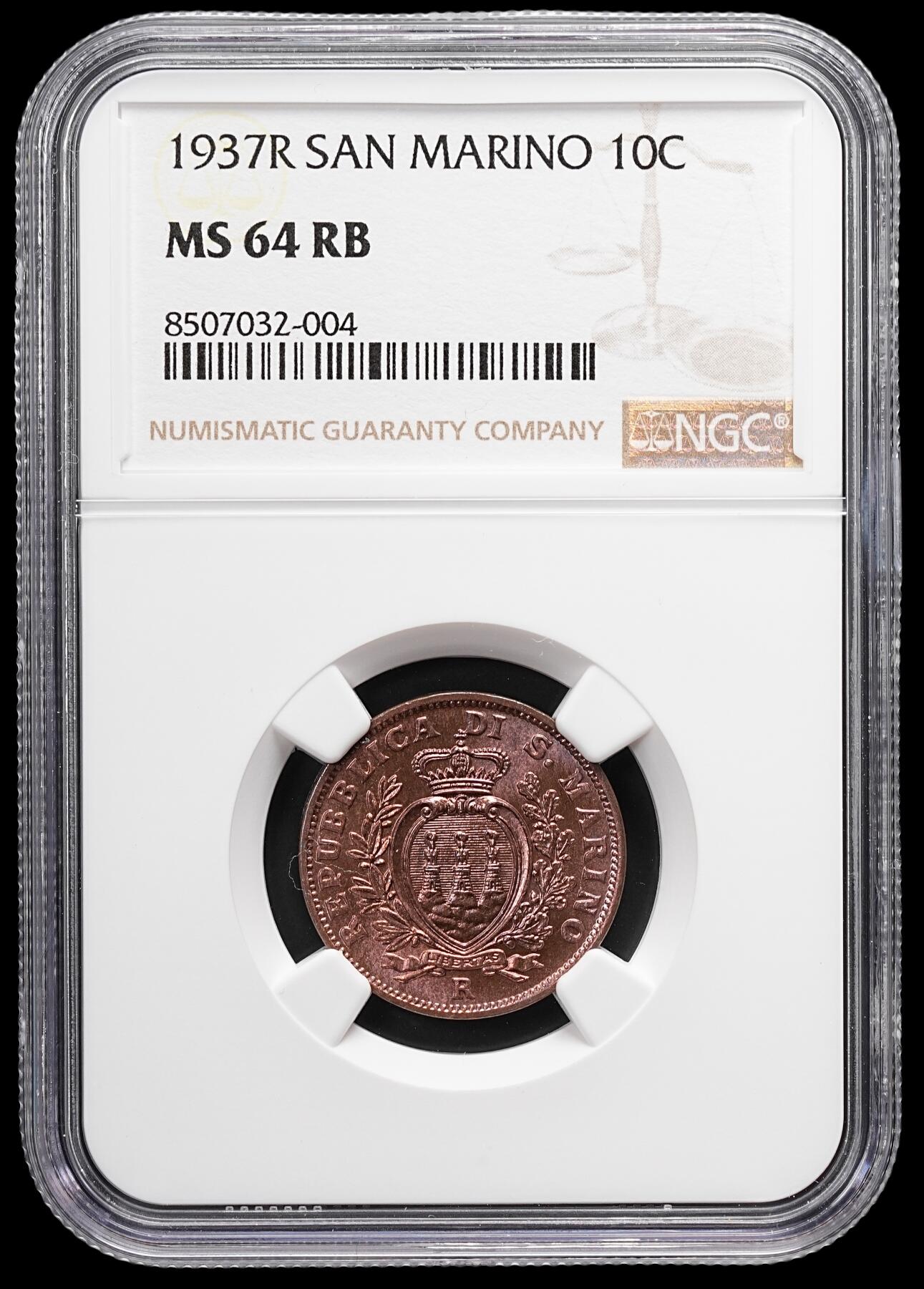 修遠堂世界钱币第七十九期 NGC MS64RB 1937年圣马力诺10分铜币