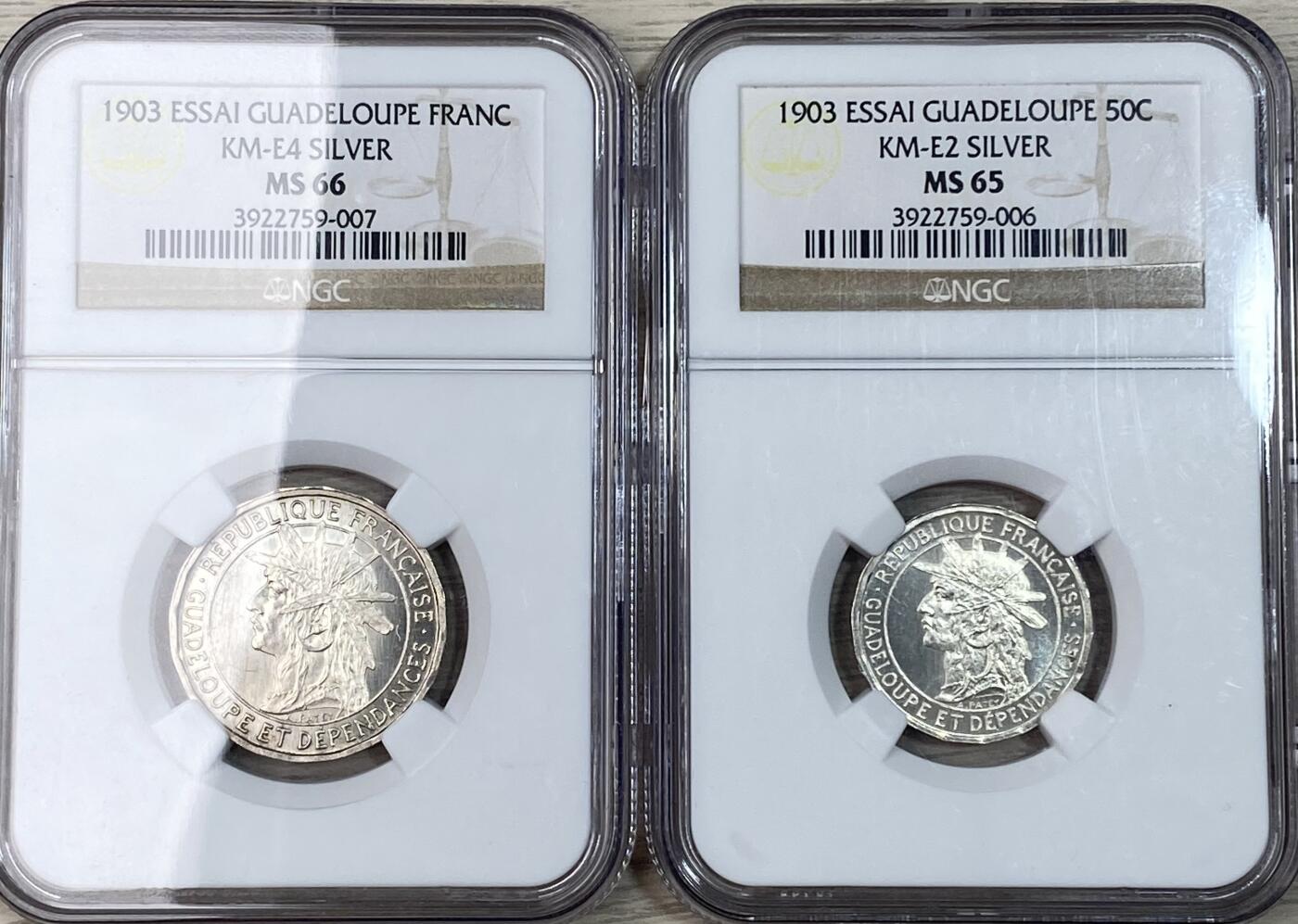 万国钱币拍卖第050期（万国五十期纪念大拍） NGC MS65~66 1903年法国法属瓜德罗普岛1法郎&50分试铸银样币 极罕法属样币一对 镜面拉丝顶级品相