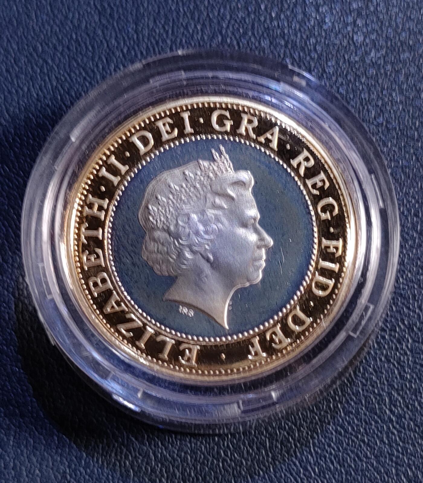 原盒证 2001年英国纪念马可尼首跨大西洋无线电传输2镑银币（鎏金加厚币）