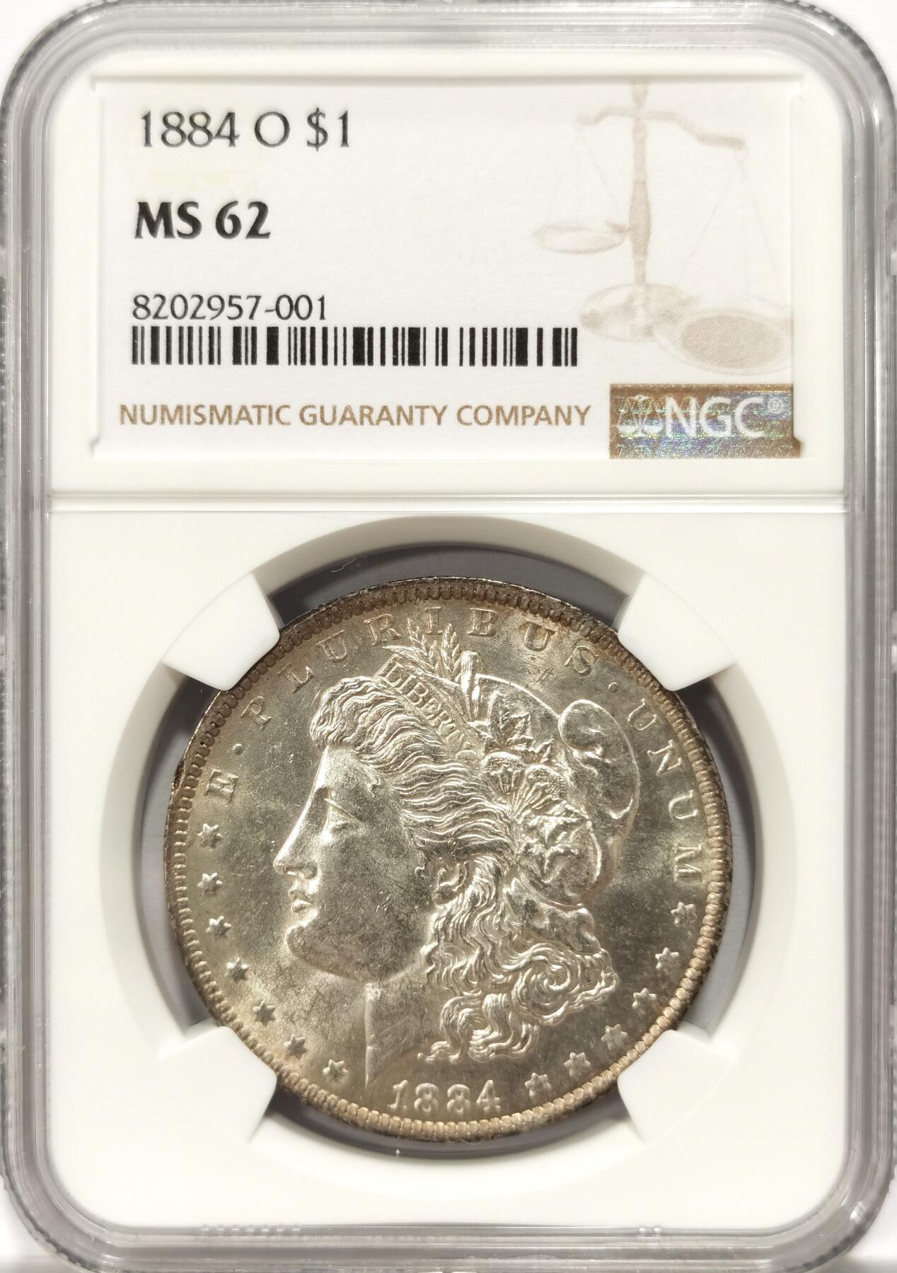 博洋堂世界钱币拍卖第134期（全场包邮） NGC MS62 美国1884年O版摩根大银币，极美月牙彩包浆