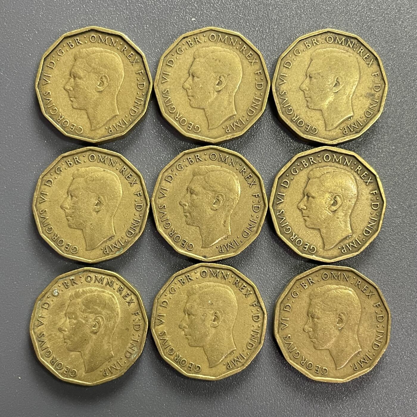 回流0801 英国1937-1945年9枚3便士异形铜币 乔治六世头像/海石竹花