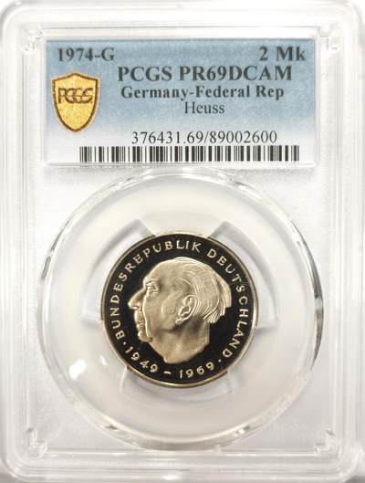 博洋堂世界钱币拍卖第134期（全场包邮） - PCGS PR69DCAM 联邦德国西德1974年G版豪斯2马克纪念镍币