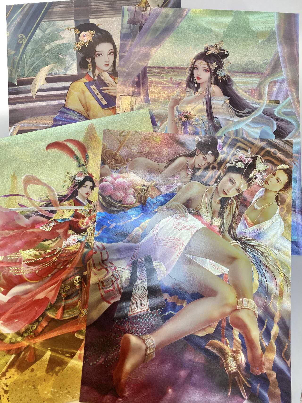 龙虎卡牌第48场 （无佣金，满120包邮，欢迎送拍，摩点开车） A4粗闪海报4张 卡玩帕克神州群英志-妲己 扈三娘 鱼玄机 李清照（很老了 流通品相 个别小瑕疵 介意勿拍）