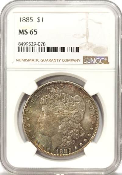 博洋堂世界钱币拍卖第134期（全场包邮） - 美国1885年摩根银币P版NGC-MS65，原汁原味双面五彩老包浆，包浆醇厚润泽又犀利，打制精美，转光强烈细节优秀，状态一流。