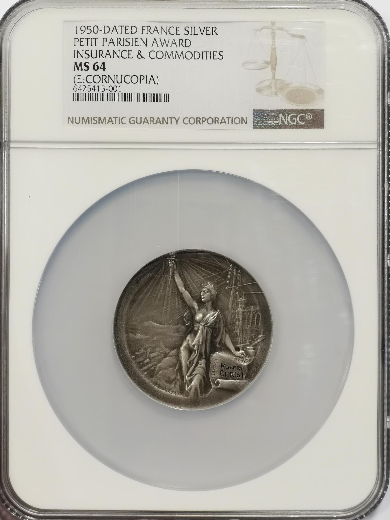 博洋堂世界钱币拍卖第134期（全场包邮） NGC MS64 唯一冠军分！法国《小巴黎人》报业金奖，50mm巨大银章！该银章一战前铸就，延绵刻字发行，后刻1950年份。一般可见40mm小样的银或铜章，大样厚重的银章仅见！