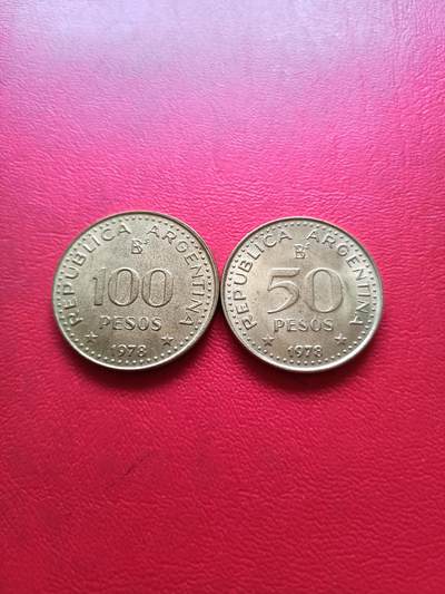 【云涧收藏】第五十场 - 阿根廷1978年50、100比索纪念币2枚，UNC