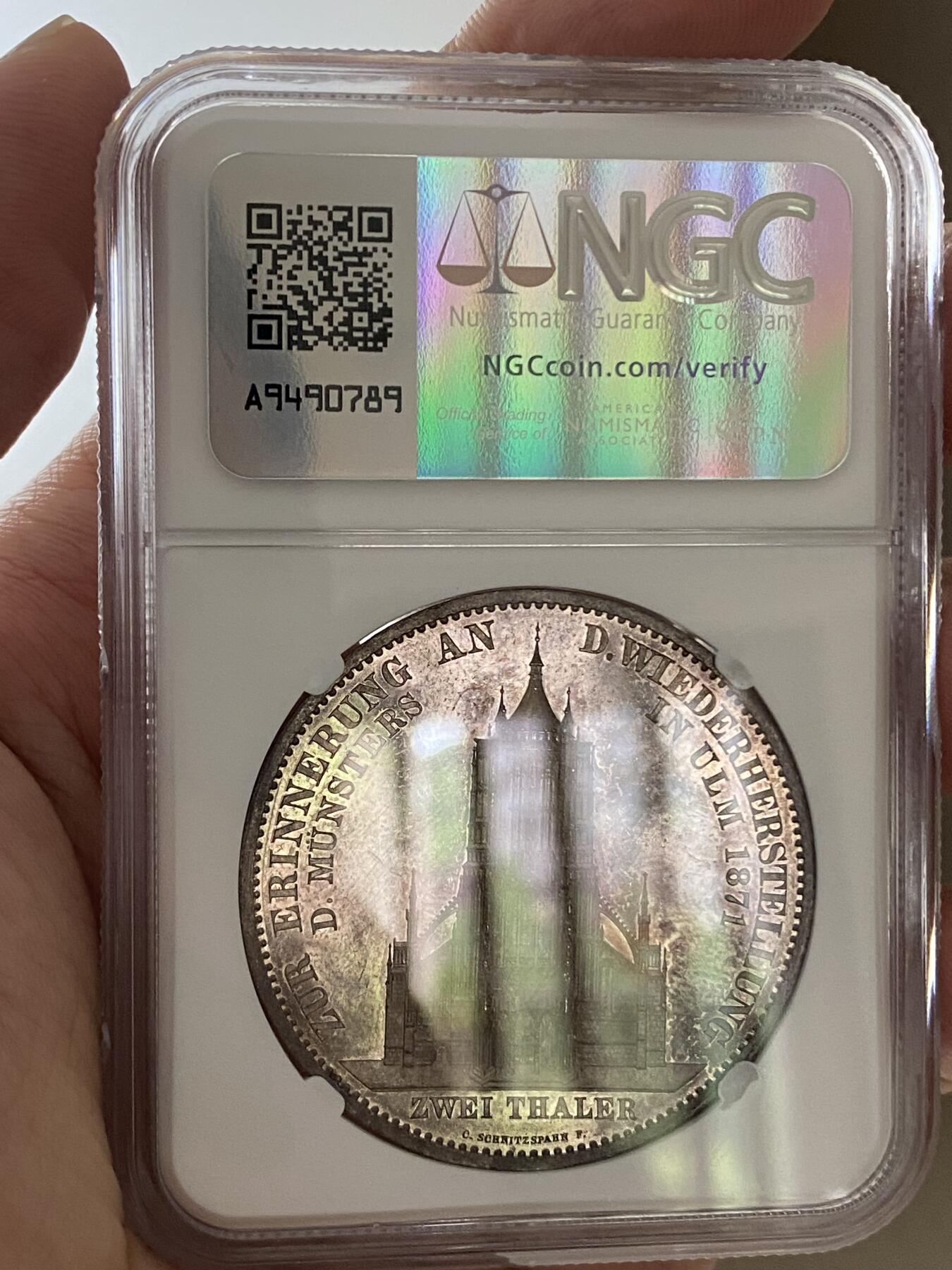 万国钱币拍卖第050期（万国五十期纪念大拍） NGC PF62 1871年德国符腾堡乌尔姆大教堂修复纪念精制2泰勒 德系2T中的领头羊品种 德意志精工细作的代表 外拍价格屡创新高 原味水波纹镜面底板和浮雕感人像与教堂的完美结合 