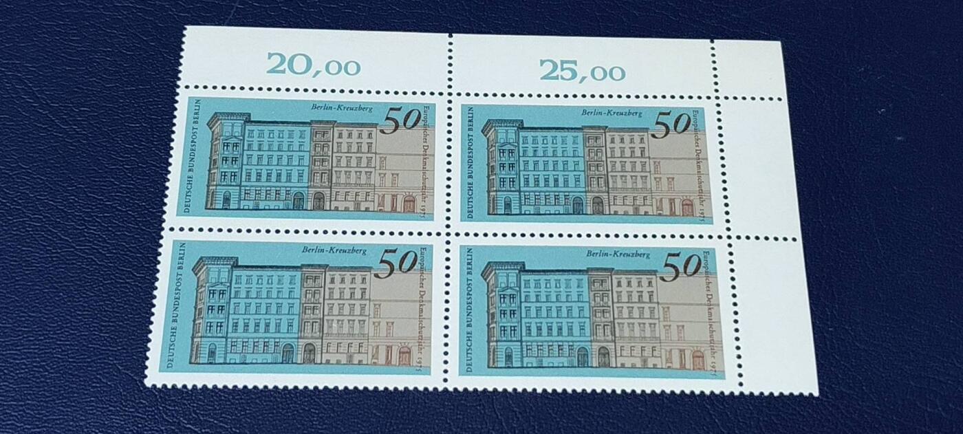 德国邮票专场，都是四方联 德国邮票四方连，1975年发行，欧洲建筑遗产   脑恩尼斯街建筑，品相如图