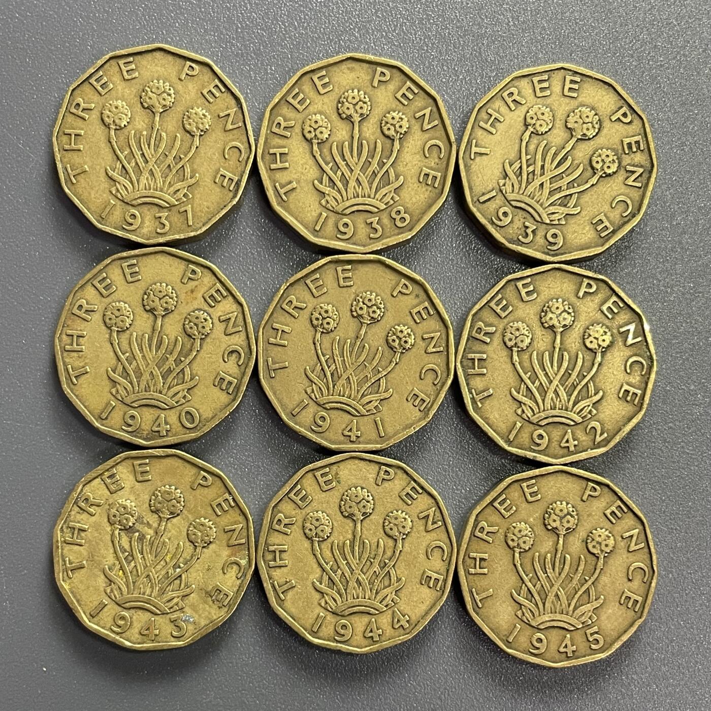 回流0801 英国1937-1945年9枚3便士异形铜币 乔治六世头像/海石竹花