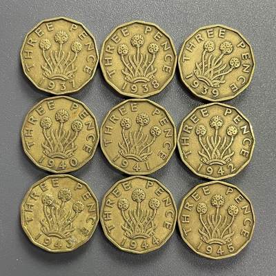 回流0801 - 英国1937-1945年9枚3便士异形铜币 乔治六世头像/海石竹花