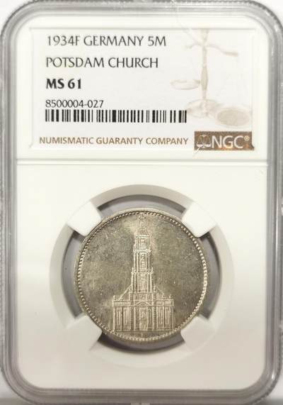 博洋堂世界钱币拍卖第134期（全场包邮） - NGC MS61 德国第三帝国1934年F版无字教堂5马克银币