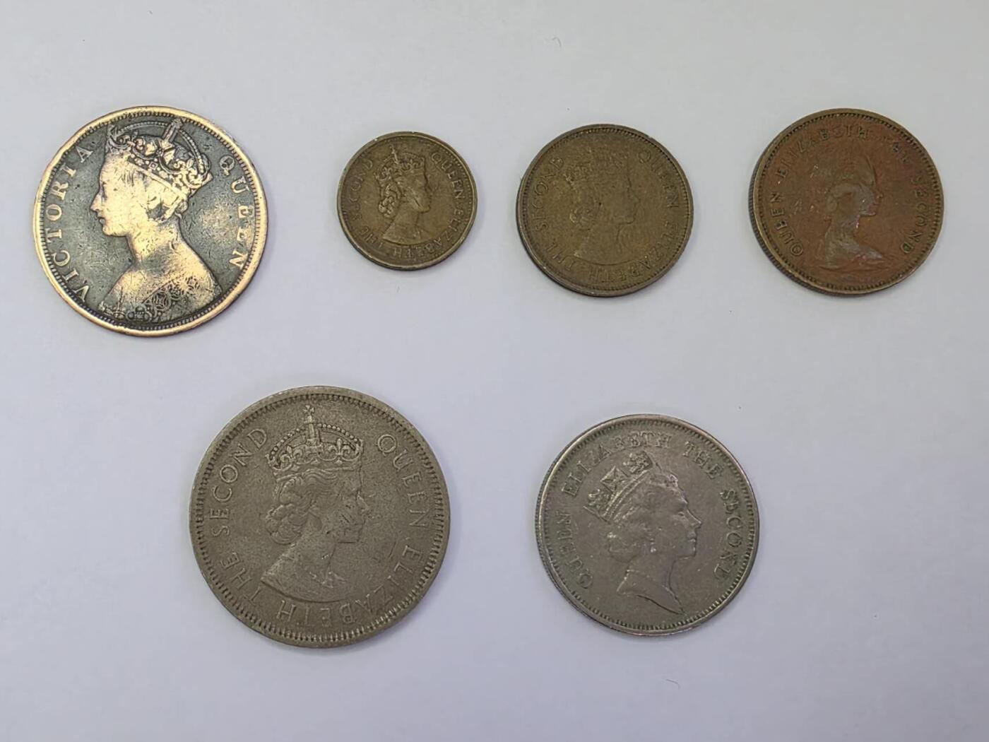 1 套 6個舊香港錢幣 Queen Victoria & Queen Elizabeth II. 1 Cent, 5 Cents, 10 Cents, 50 Cents & 1 Dollar 1901-1991