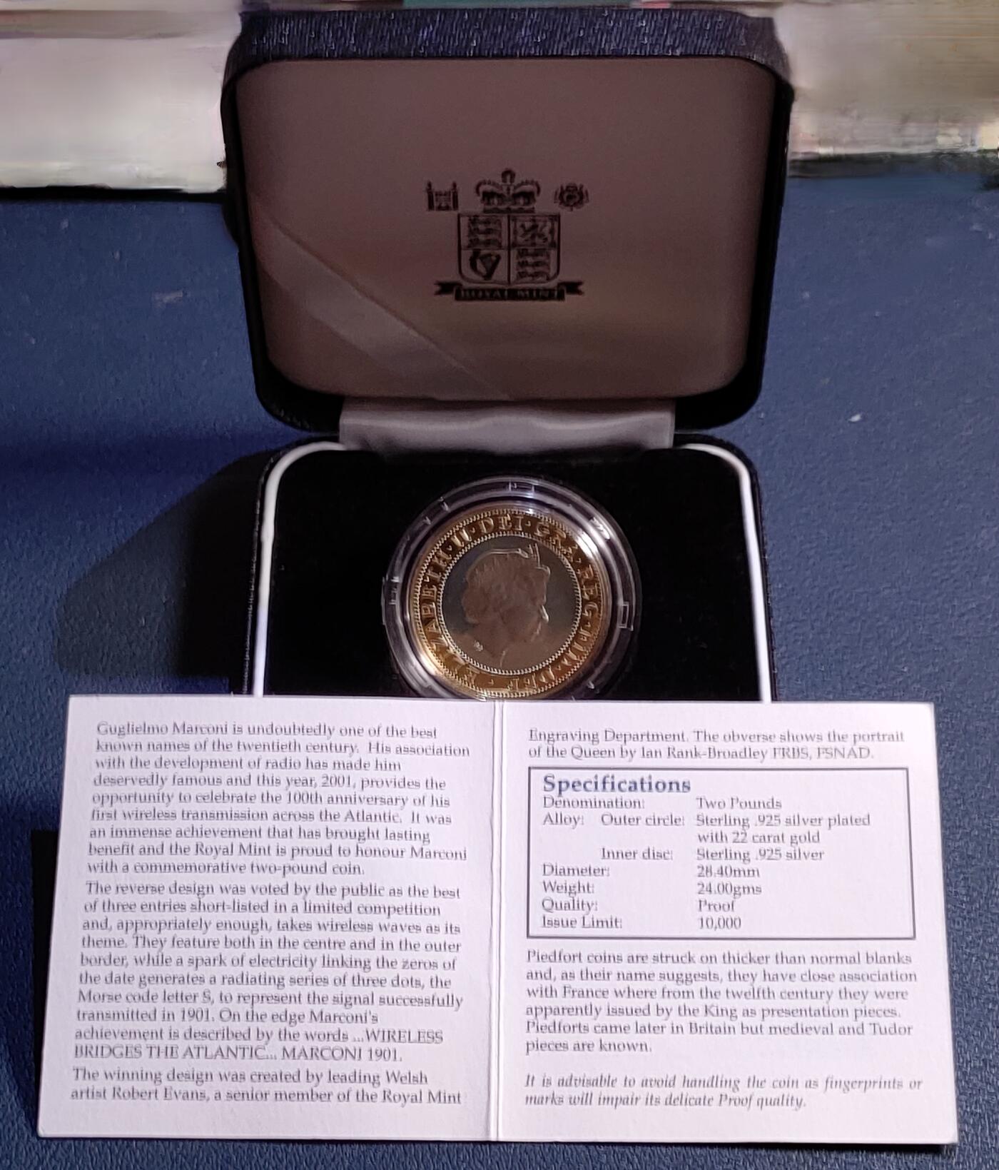 原盒证 2001年英国纪念马可尼首跨大西洋无线电传输2镑银币（鎏金加厚币）