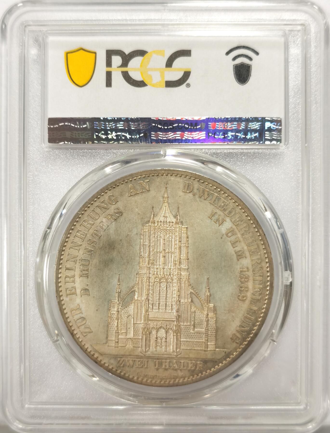 博洋堂世界钱币拍卖第134期（全场包邮） PCGS PR61 德国符腾堡1869年乌尔姆大教堂2泰勒大银币，底板绚丽，61分中的佼佼者