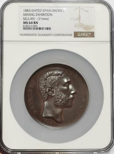 博洋堂世界钱币拍卖第134期（全场包邮） - NGC MS64 唯一冠军！西班牙明宁世博会71mm超巨大厚重大铜章！极其压手，超绝无敌高浮雕，上手惊艳！