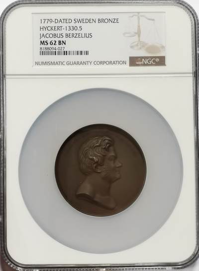 博洋堂世界钱币拍卖第134期（全场包邮） - NGC MS62 瑞典1779年纪念贝采里乌斯巨大铜章，超级古老的瑞典原铸机制币大铜章！唯一记录，背面女神授予经典构图！