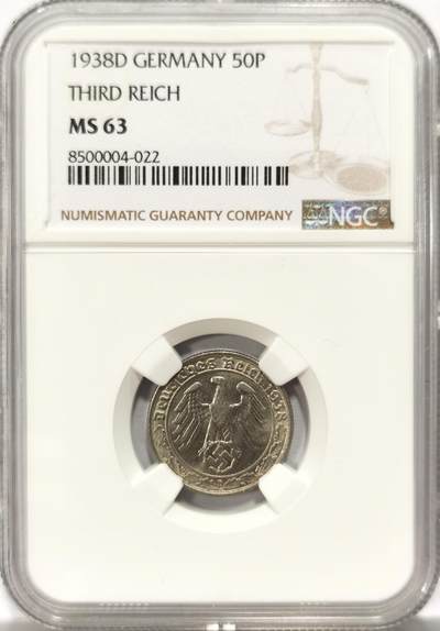 博洋堂世界钱币拍卖第134期（全场包邮） - NGC MS63 德国第三帝国1938年D版50芬尼镍币，传说中的回炉坦克币