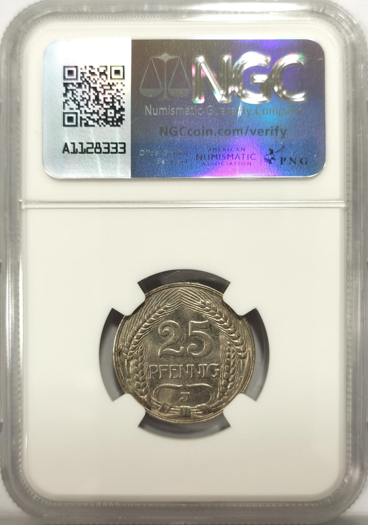 博洋堂世界钱币拍卖第134期（全场包邮） NGC MS63 少见J厂！德国1912年25芬尼镍币，UNC书价90美元