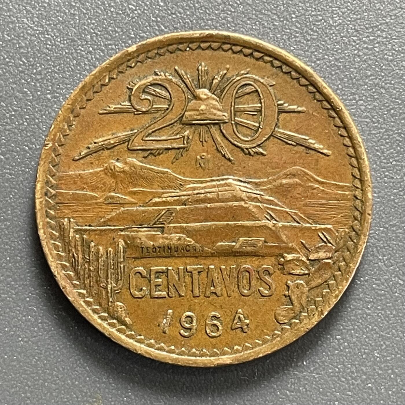 回流0801 墨西哥1964年玛雅金字塔墨西哥鹰蛇20分铜币 未流通巧克力美品