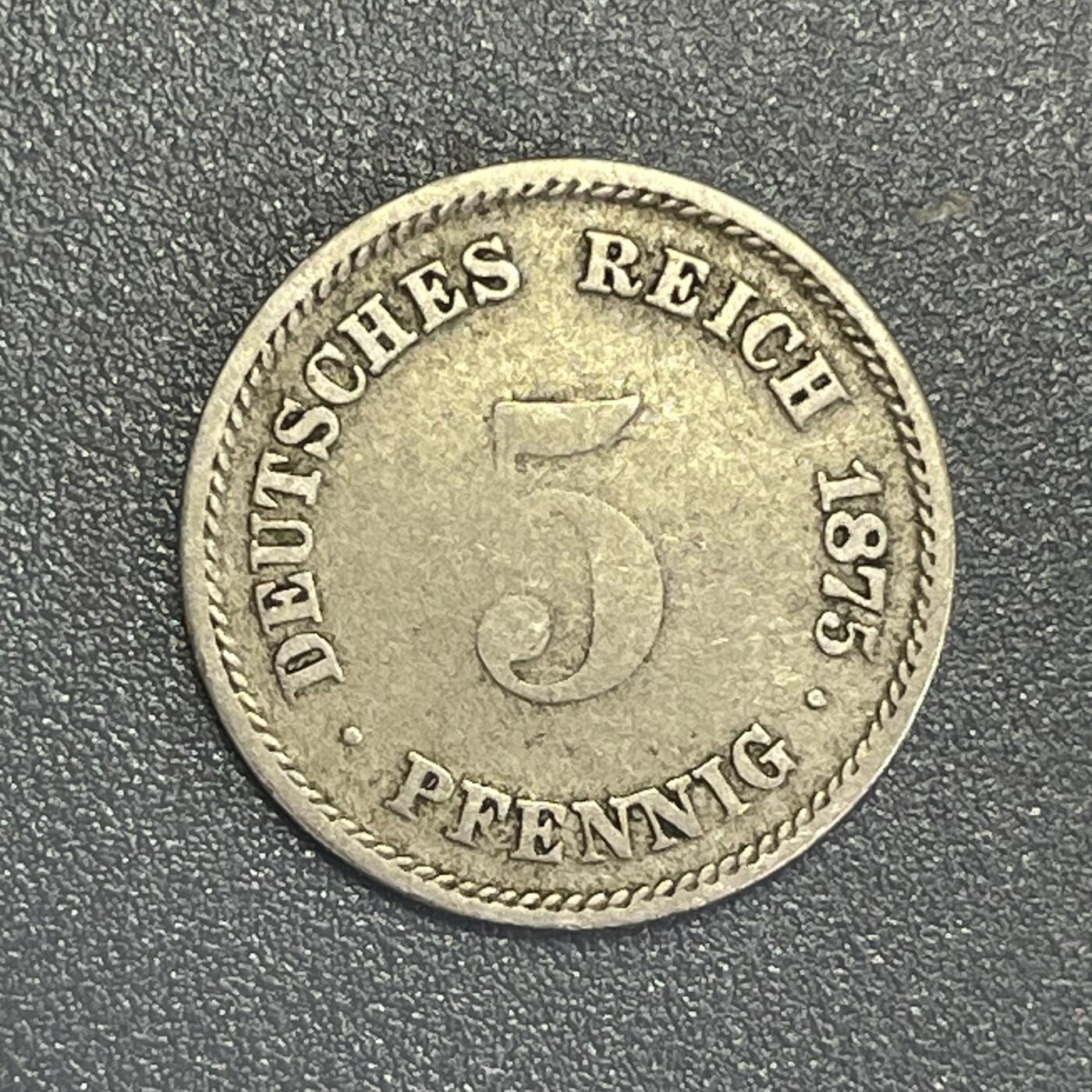 回流0801 德国第二帝国1875年5芬尼A版镍币 双头鹰图案