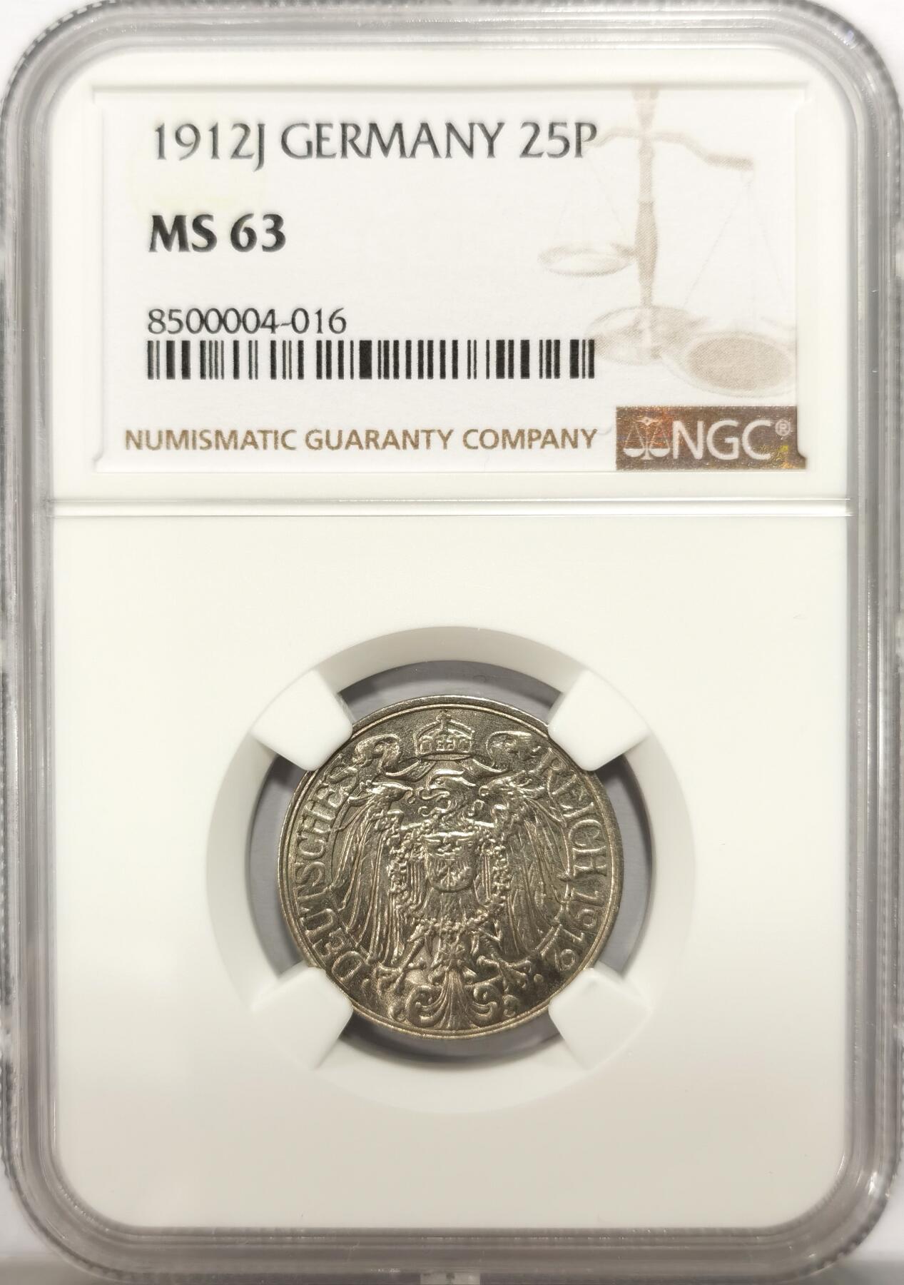 博洋堂世界钱币拍卖第134期（全场包邮） NGC MS63 少见J厂！德国1912年25芬尼镍币，UNC书价90美元