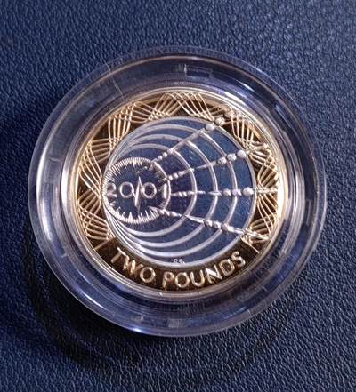 原盒证 2001年英国纪念马可尼首跨大西洋无线电传输2镑银币（鎏金加厚币） - 原盒证 2001年英国纪念马可尼首跨大西洋无线电传输2镑银币（鎏金加厚币）