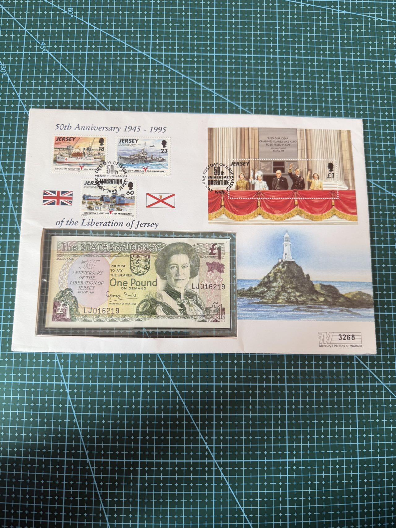 【炜奕收藏】，第四十期 1995年泽西解放50周年纪念钞首日封，号码无47，邮封有局部压痕