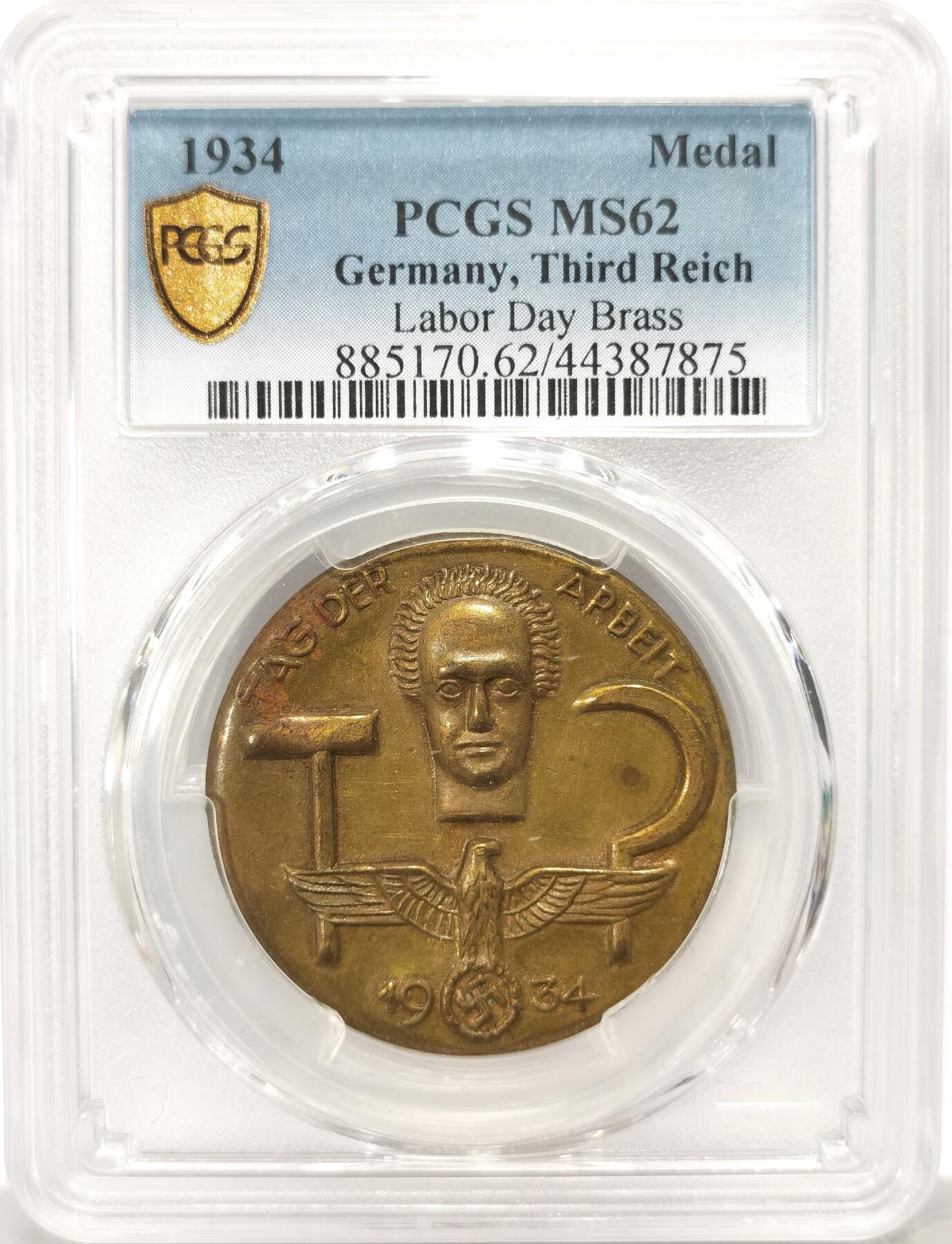 博洋堂世界钱币拍卖第134期（全场包邮） PCGS MS62 第三帝国劳动节纪念大铜章（佩戴）唯一冠军！经典德国硬汉+万字鹰党徽构图！