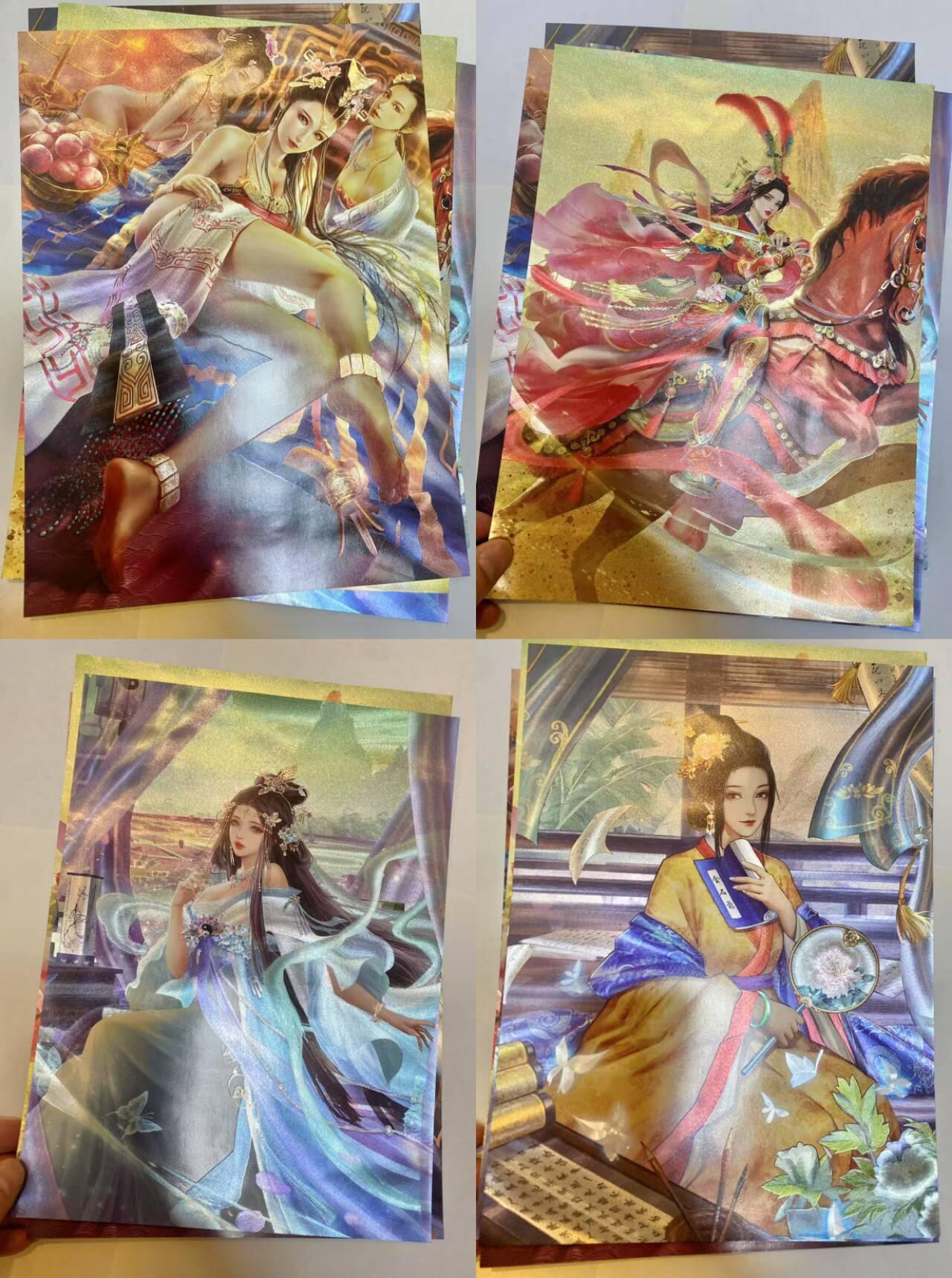 龙虎卡牌第48场 （无佣金，满120包邮，欢迎送拍，摩点开车） A4粗闪海报4张 卡玩帕克神州群英志-妲己 扈三娘 鱼玄机 李清照（很老了 流通品相 个别小瑕疵 介意勿拍）