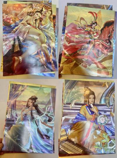 龙虎卡牌第48场 （无佣金，满120包邮，欢迎送拍，摩点开车） - A4粗闪海报4张 卡玩帕克神州群英志-妲己 扈三娘 鱼玄机 李清照（很老了 流通品相 个别小瑕疵 介意勿拍）