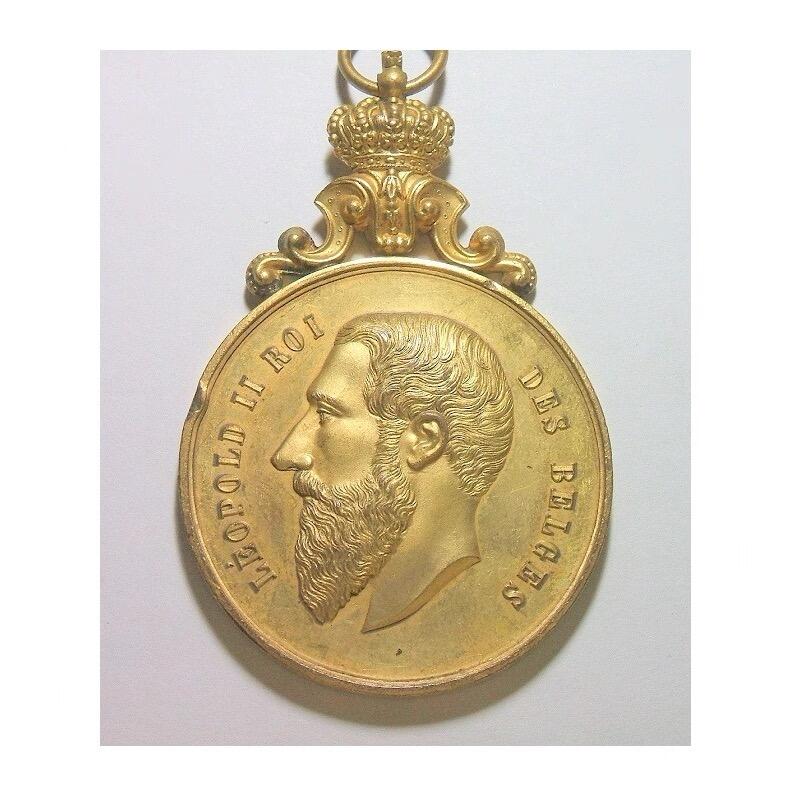 比利时1907年 利奥波德二世高浮雕精制大镀金章 带皇冠 50MM