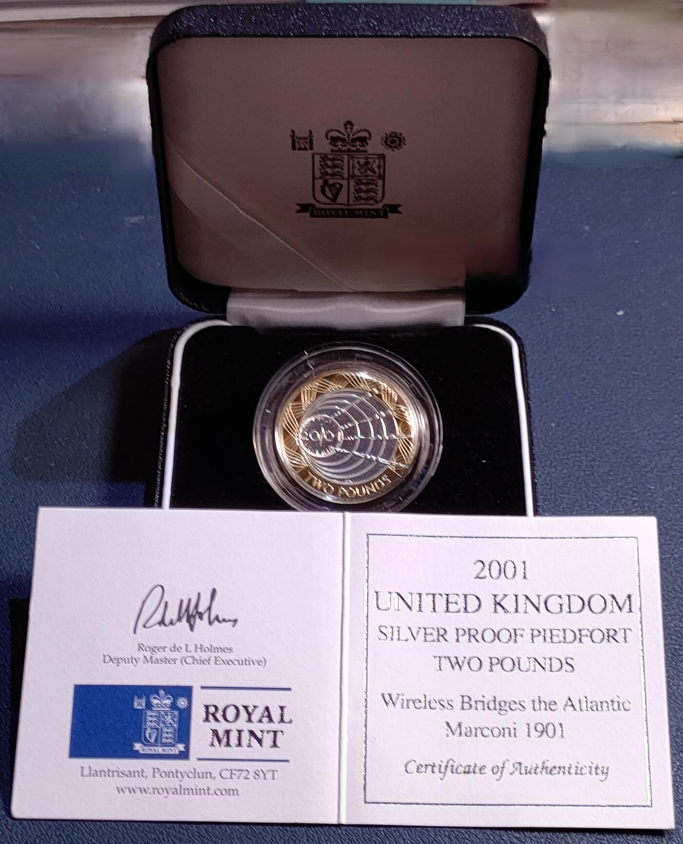 原盒证 2001年英国纪念马可尼首跨大西洋无线电传输2镑银币（鎏金加厚币）