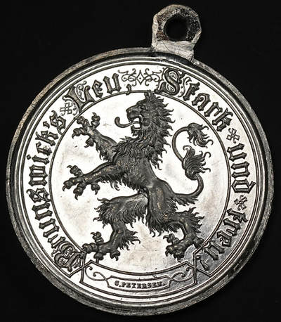 修遠堂世界钱币第七十九期 - 1874年德意志联邦第五届射击节（不伦瑞克）纪念章 白色金属 镜面底板 40.40mm，28.28g  热门射击节加景观题材