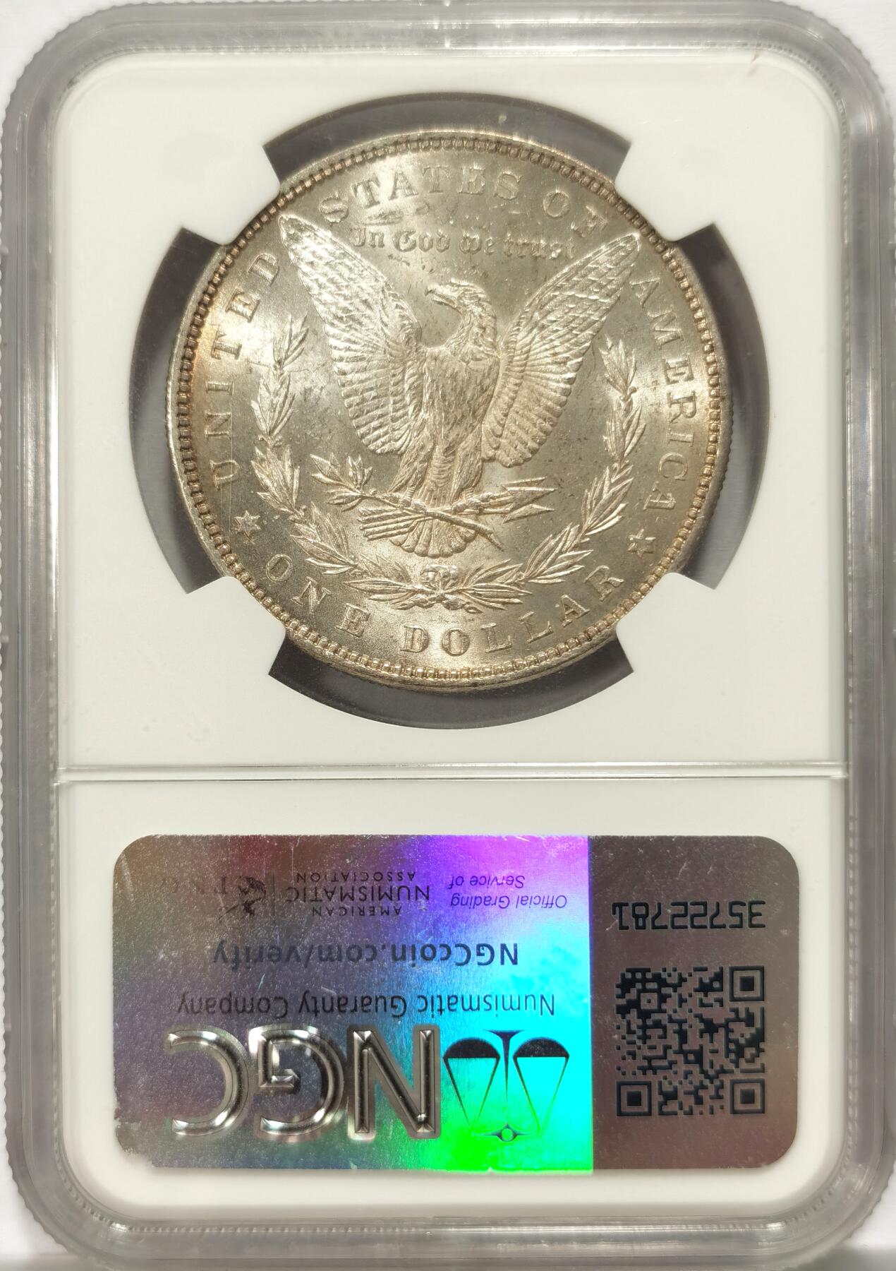 博洋堂世界钱币拍卖第134期（全场包邮） 美国1885年摩根银币P版NGC-MS65，原汁原味双面五彩老包浆，包浆醇厚润泽又犀利，打制精美，转光强烈细节优秀，状态一流。