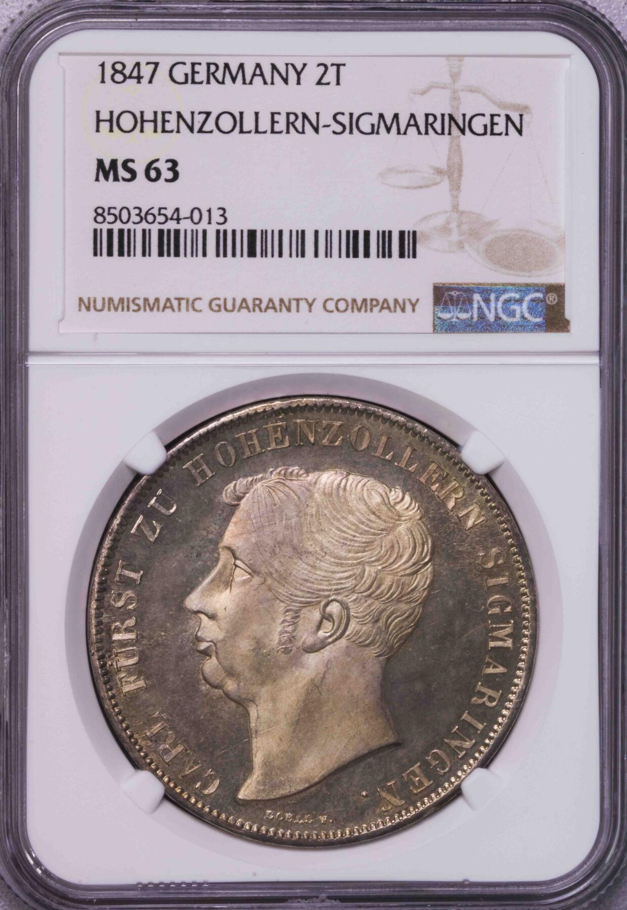 NGC-MS63 1847霍亨索伦西格玛宁根二狗子两泰勒 冠军