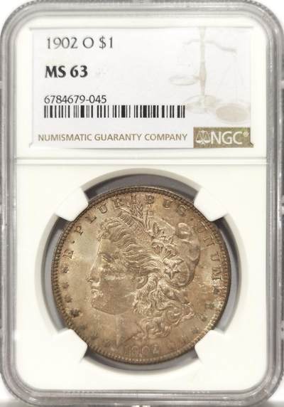 博洋堂世界钱币拍卖第134期（全场包邮） - 美国1902年摩根银币O版NGC-MS63，原汁原味五彩老包浆，包浆醇厚，打制深峻，状态极佳。