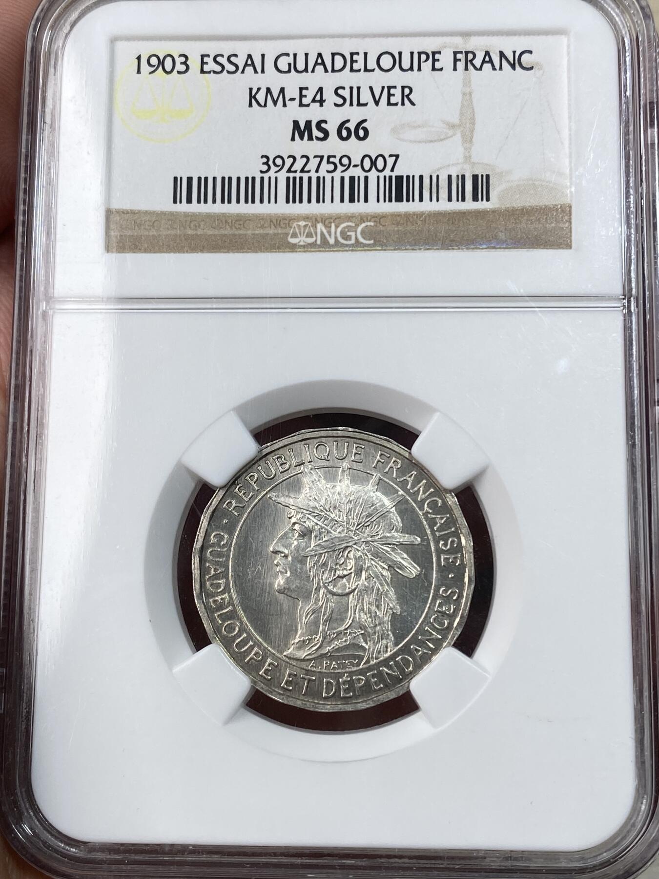 万国钱币拍卖第050期（万国五十期纪念大拍） NGC MS65~66 1903年法国法属瓜德罗普岛1法郎&50分试铸银样币 极罕法属样币一对 镜面拉丝顶级品相