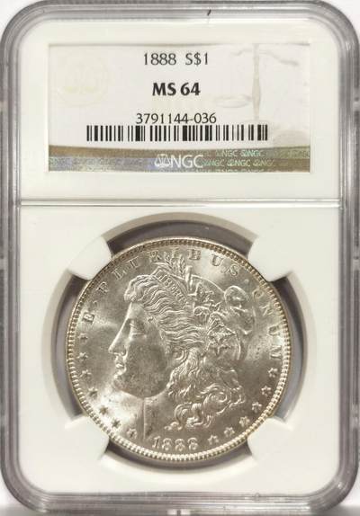 博洋堂世界钱币拍卖第134期（全场包邮） - 美国1888年摩根银币P版NGC-MS64，原汁原味老包浆，包浆醇厚润泽，转光强烈细节优秀，状态一流。吉祥年份吉祥寓意要发发发，市场上比较稀少年份版本的摩根币。