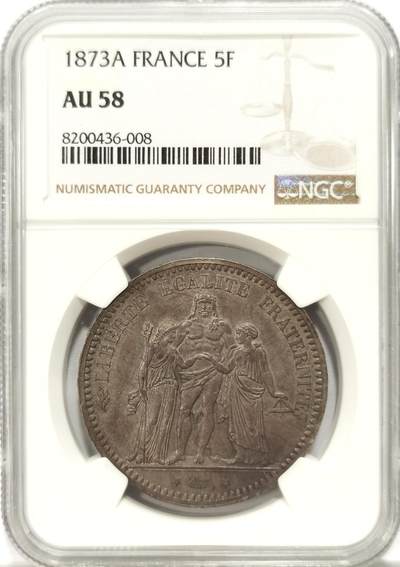 博洋堂世界钱币拍卖第134期（全场包邮） - NGC AU58 法国1873年大力神5法郎银币，原味包浆