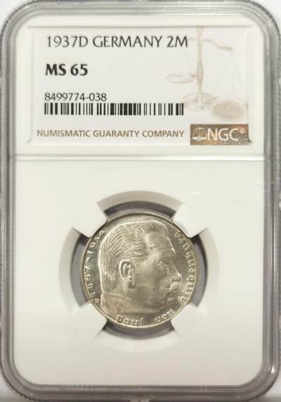 博洋堂世界钱币拍卖第134期（全场包邮） - NGC MS65 德国1937年D版兴登堡2马克银币