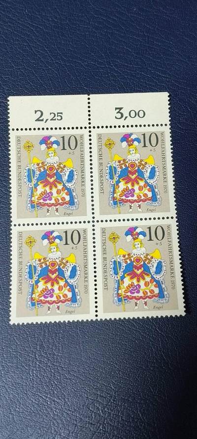 德国邮票专场，都是四方联 - 德国邮票四方连，1970年发行，西德 圣诞节   耶稣诞生时的天使，品相如图