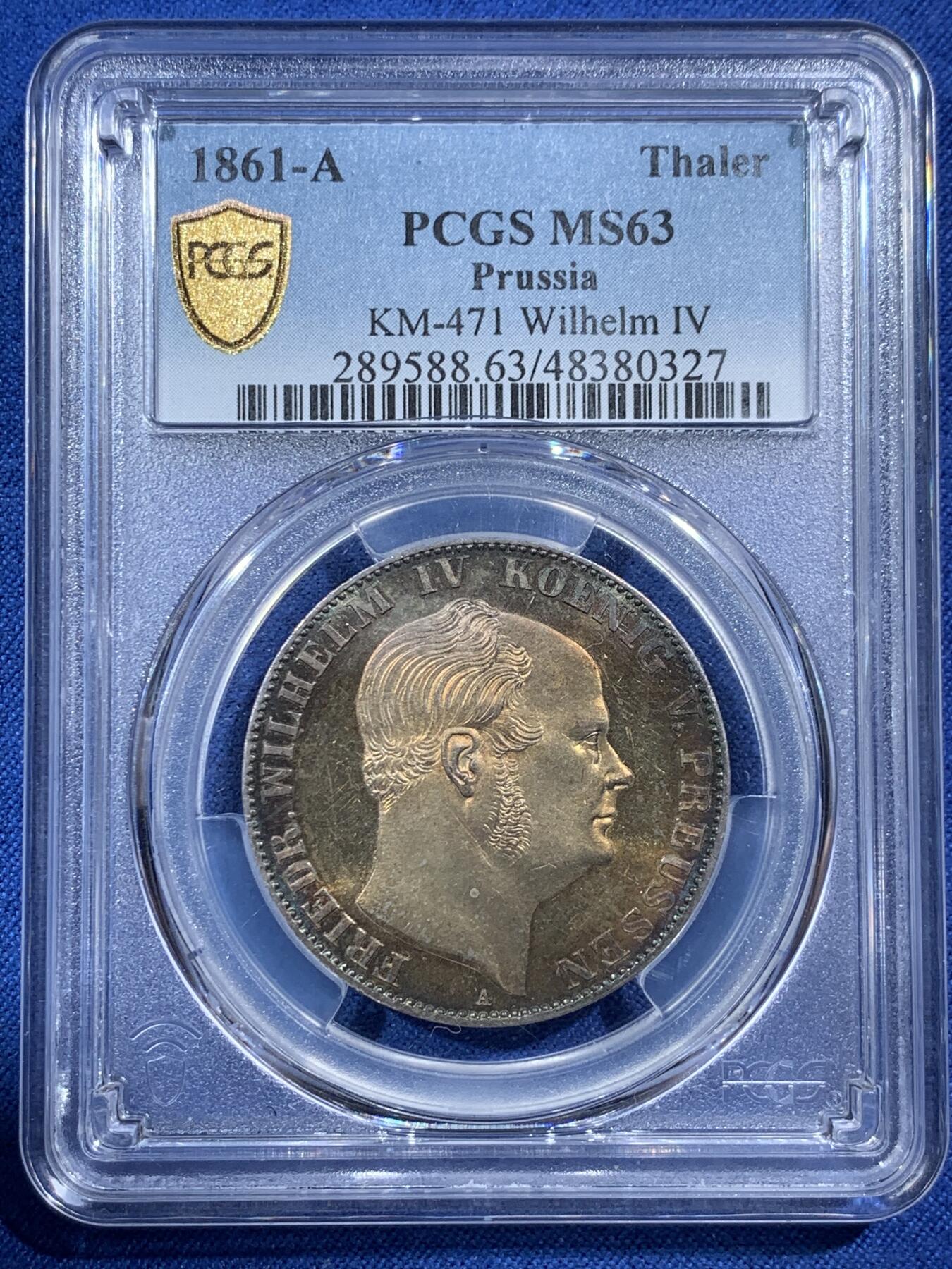 《竞宝斋》第407场 周日，周一，2场连拍 （全场包邮） PCGS MS63 德国 1861年 威廉四世 末年离冠鹰1泰勒 镜面金彩包浆裹身 小特年