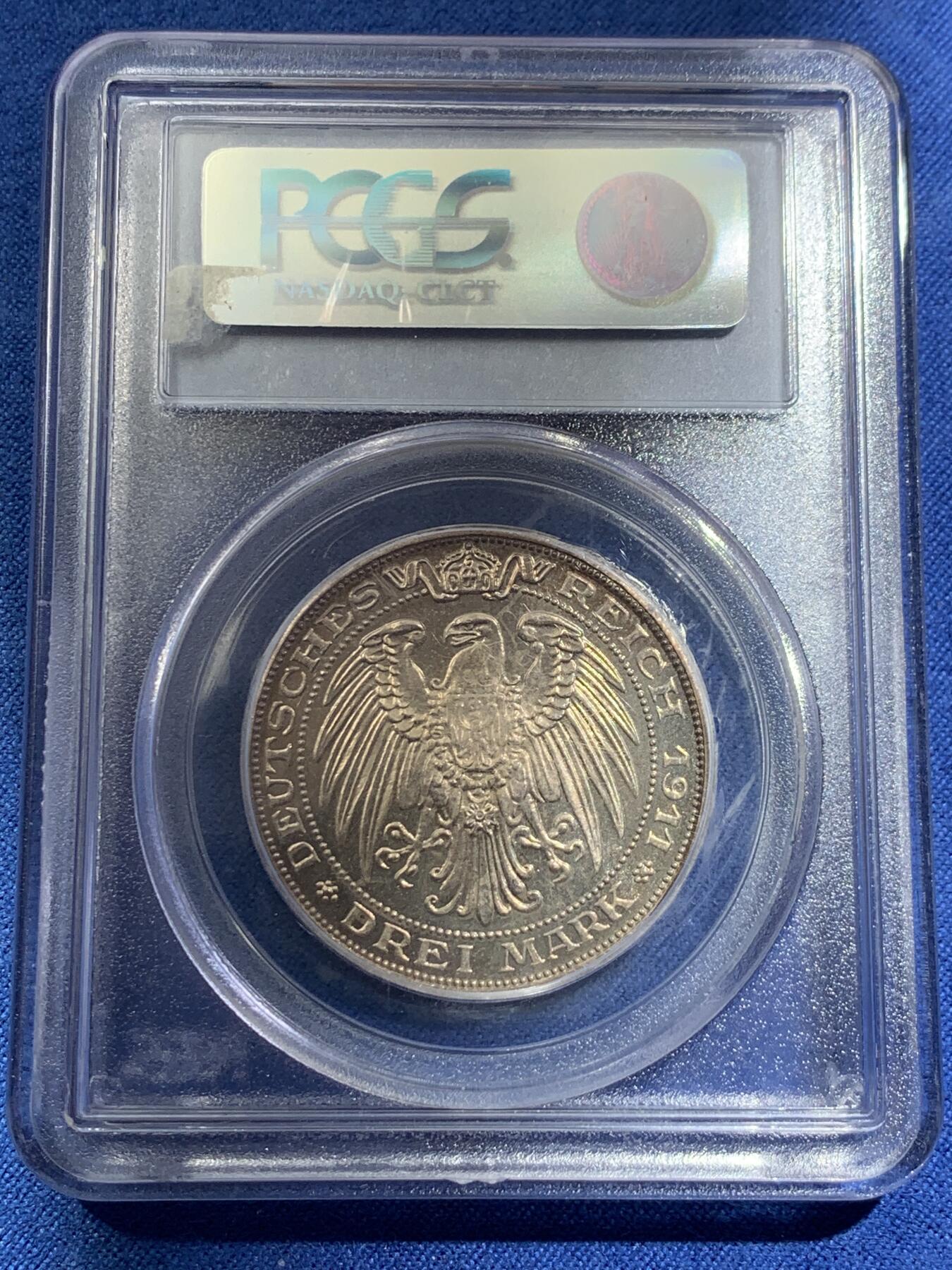 《竞宝斋》第407场 周日，周一，2场连拍 （全场包邮） PCGS PR63CAM 德国1911年A版德国普鲁士布雷斯劳大学精制3马克银币 凌霜镜面十足 老盒