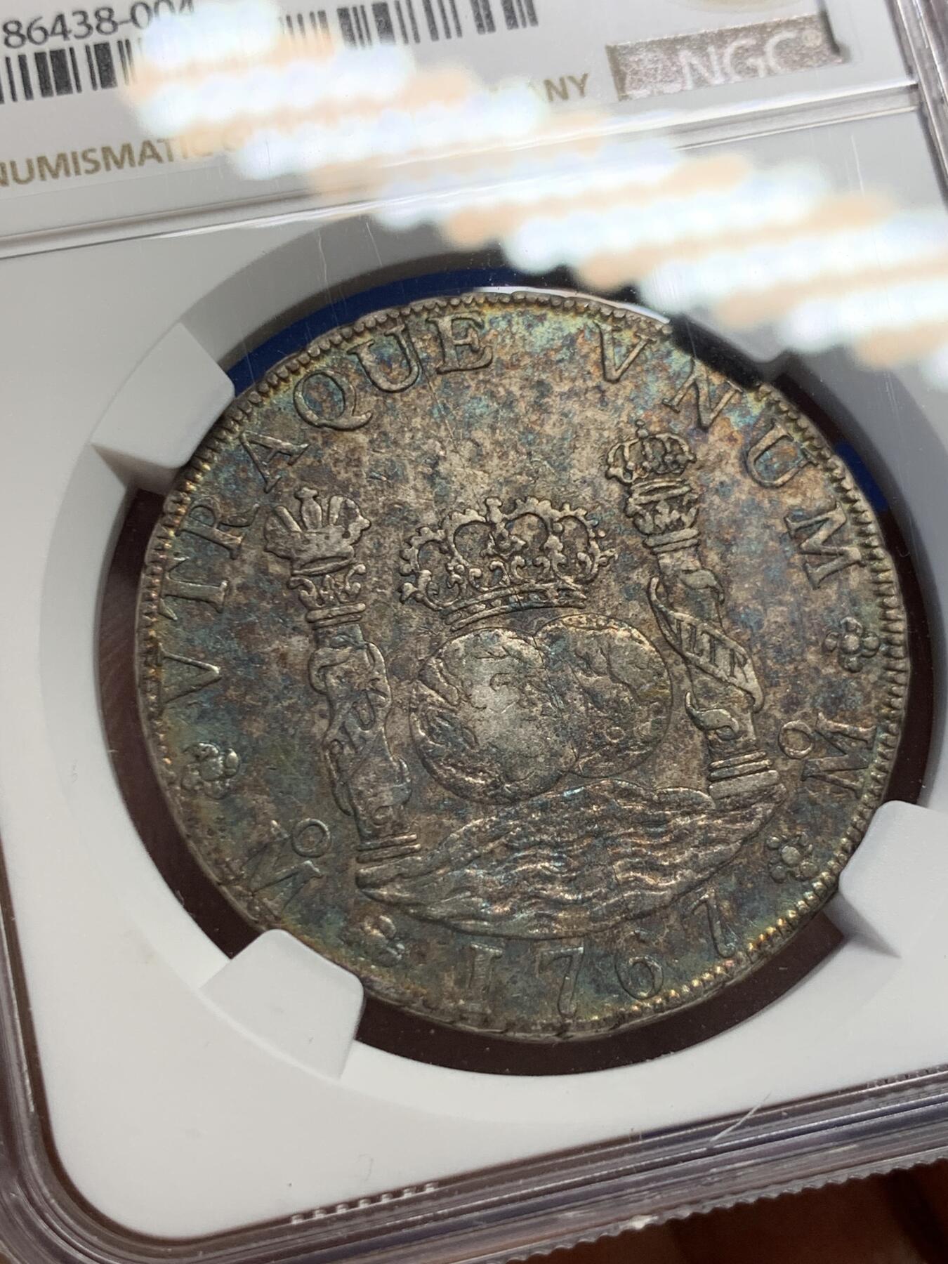 《竞宝斋》第407场 周日，周一，2场连拍 （全场包邮） NGC VF 墨西哥 1767MO MF 地球8R双柱大银币 低评原生态老包浆