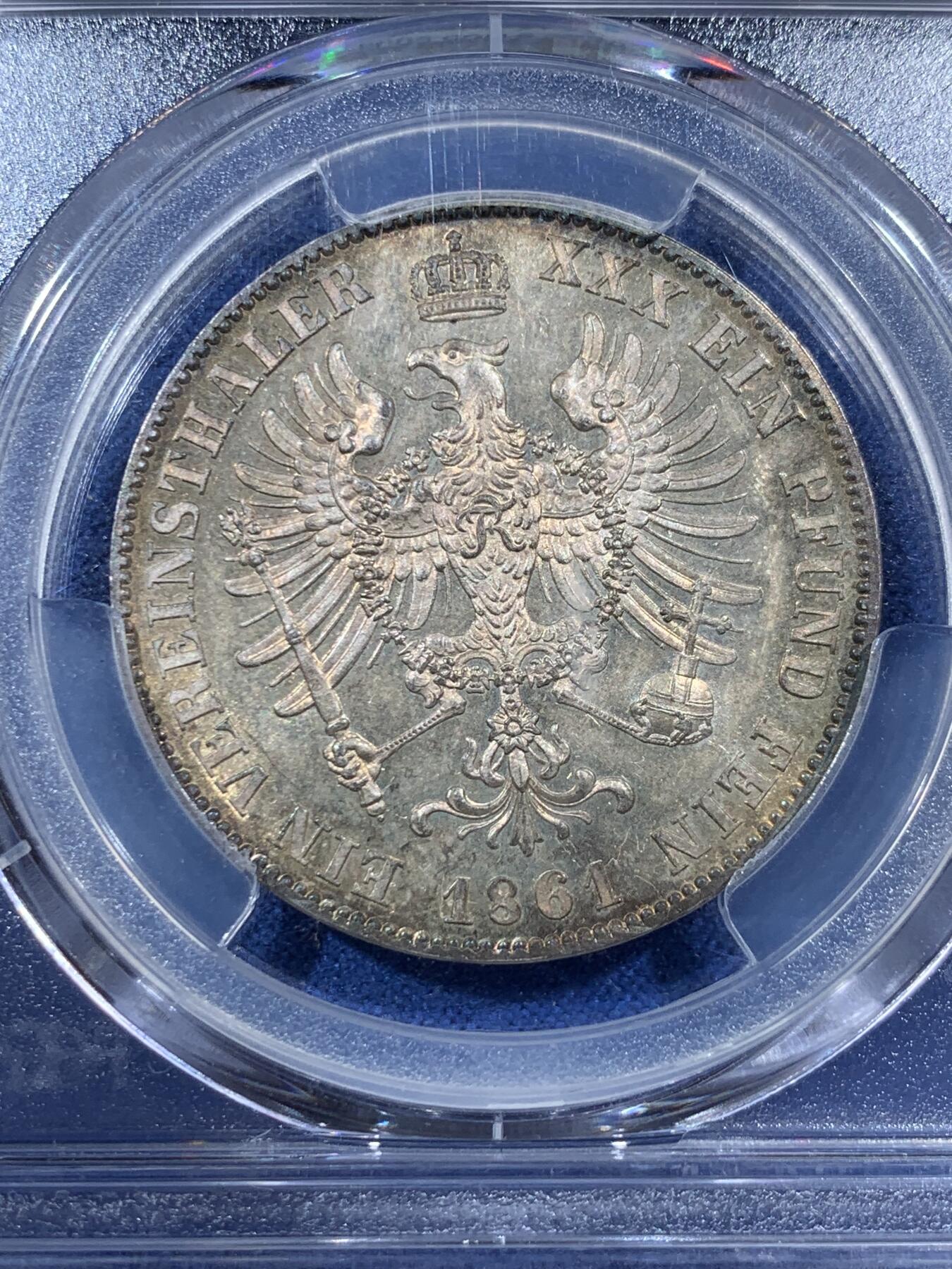 《竞宝斋》第407场 周日，周一，2场连拍 （全场包邮） PCGS MS63 德国 1861年 威廉四世 末年离冠鹰1泰勒 镜面金彩包浆裹身 小特年