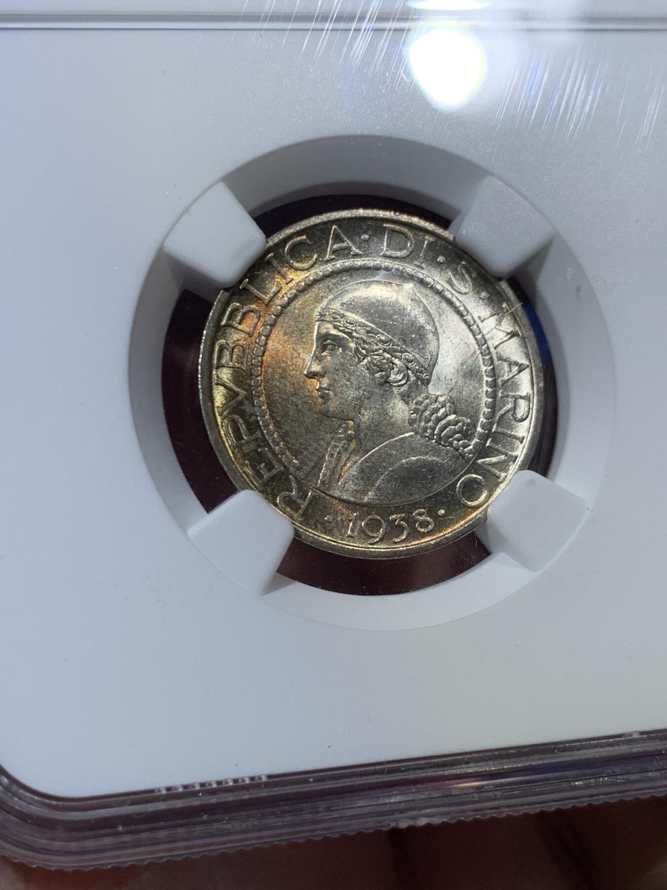 《竞宝斋》第407场 周日，周一，2场连拍 （全场包邮） NGC MS64 圣马力诺1938年女神半身像5里拉银币