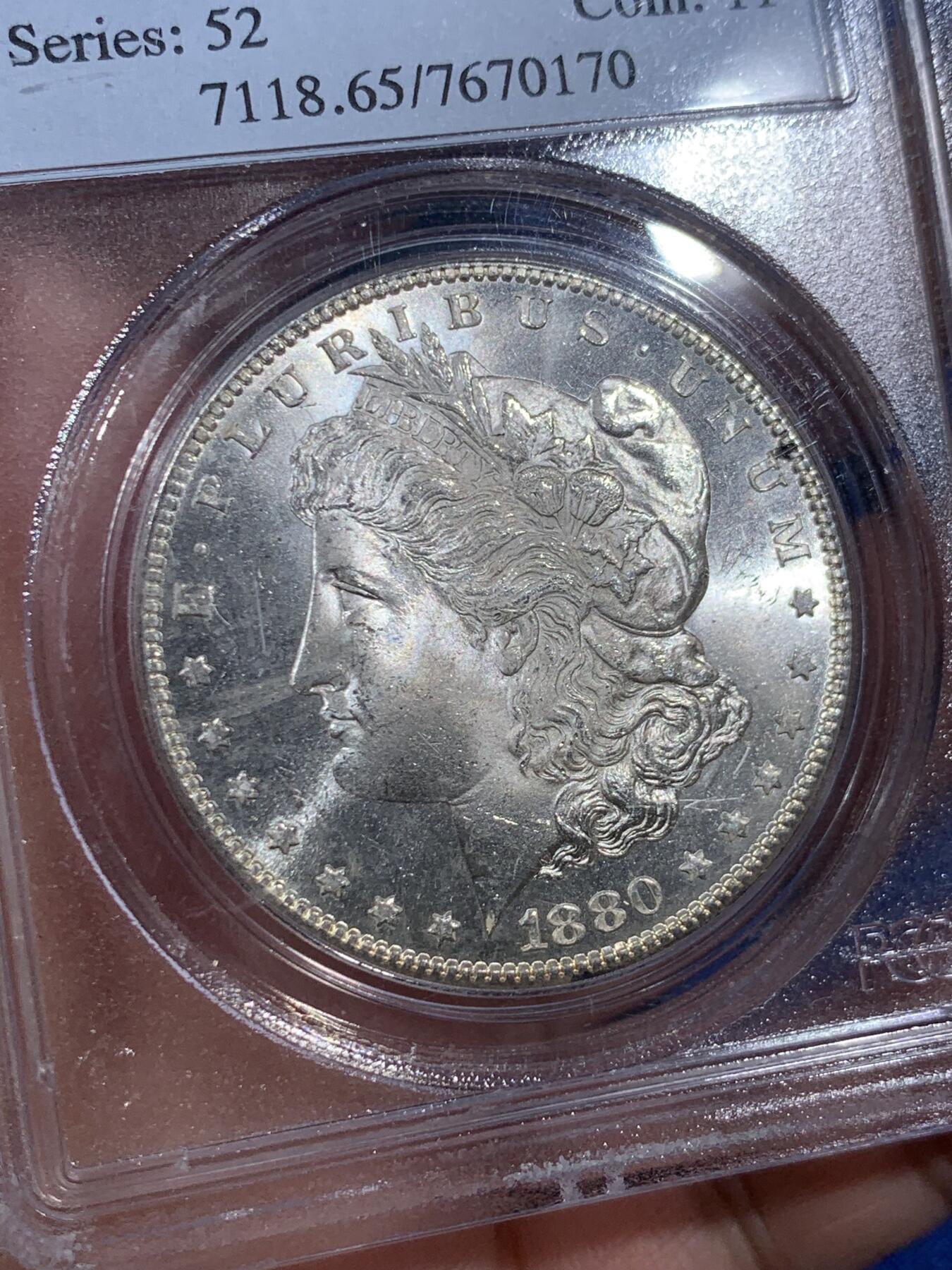 《竞宝斋》第407场 周日，周一，2场连拍 （全场包邮） PCGS MS65 美国1880-S摩根银元 老盒 漂亮