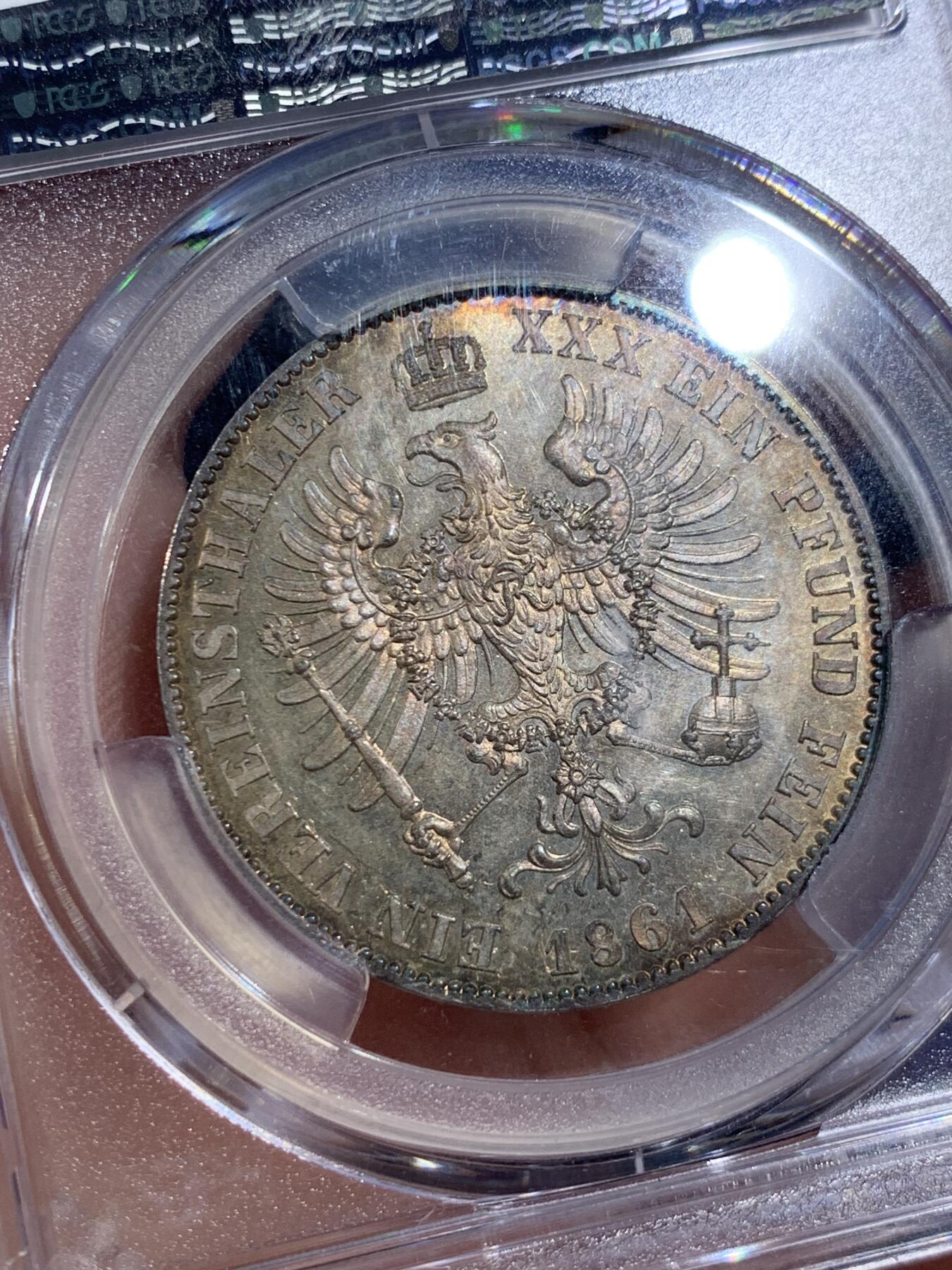 《竞宝斋》第407场 周日，周一，2场连拍 （全场包邮） PCGS MS63 德国 1861年 威廉四世 末年离冠鹰1泰勒 镜面金彩包浆裹身 小特年